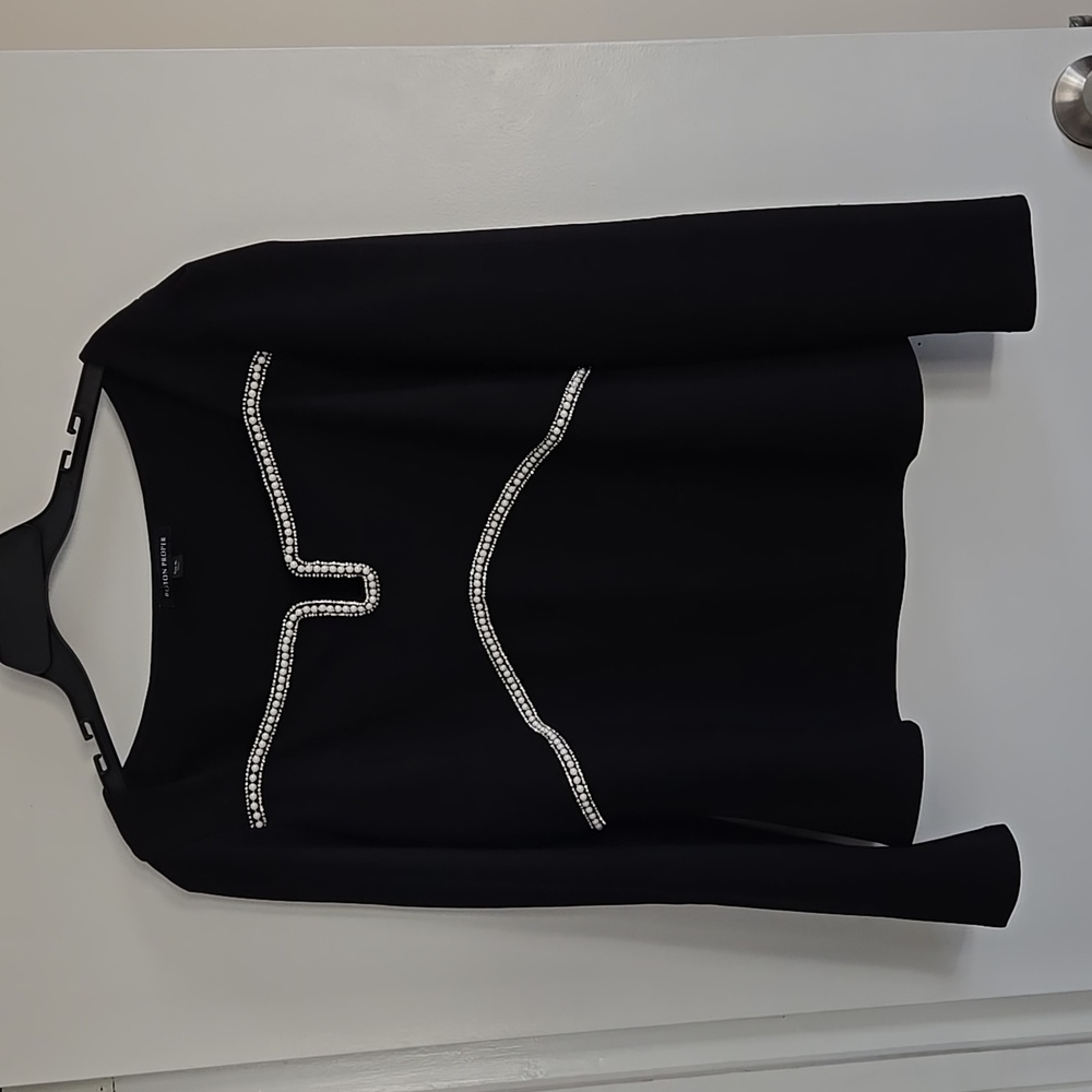 Boston Proper Pearl Trim Notch Knit Top